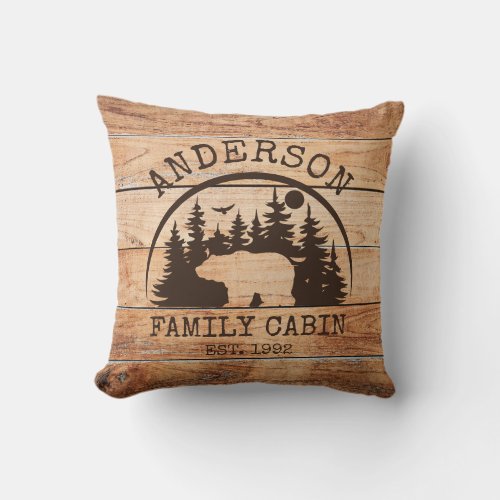  Family Cabin Name Personalized Rustic wooden Throw Pillow