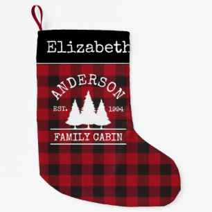 Family Cabin Name Red Buffalo Plaid Small Christmas Stocking