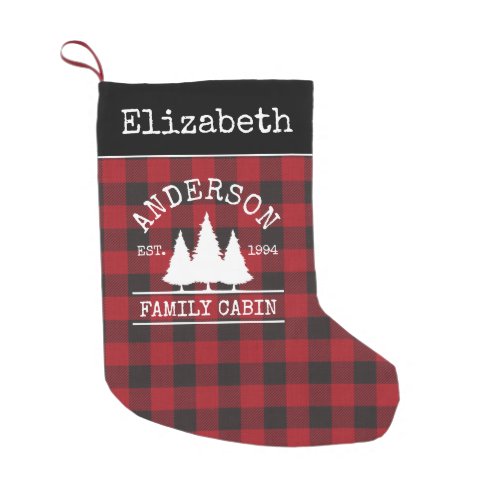 Family Cabin Name Red Buffalo Plaid Small Christmas Stocking