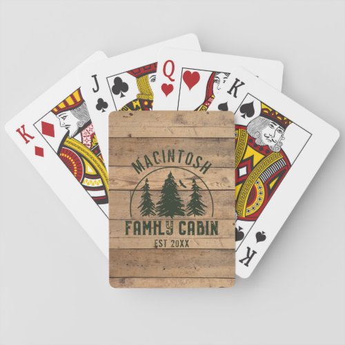 Family Cabin Name Rustic Wood Green Playing Cards