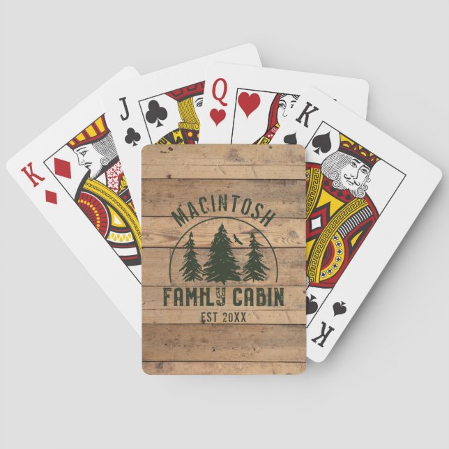 Family Cabin Name Rustic Wood Green Poker Cards (Back)