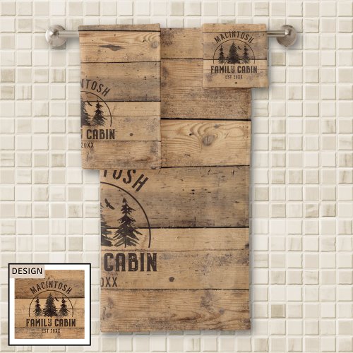 Family Cabin Name Rustic Wood Personalized Bath Towel Set