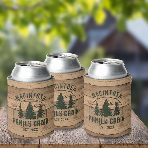 Family Cabin Name Rustic Wood Personalized Can Cooler