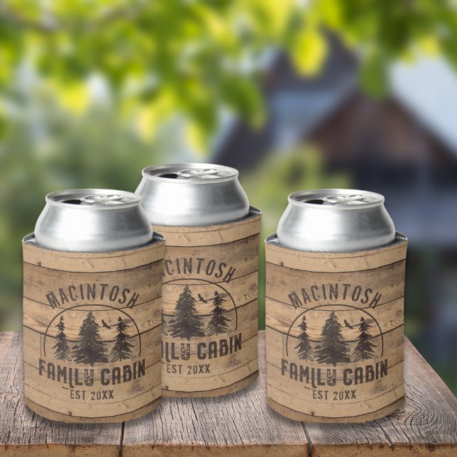 Family Cabin Name Rustic Wood Personalized Can Cooler (Creator Uploaded)