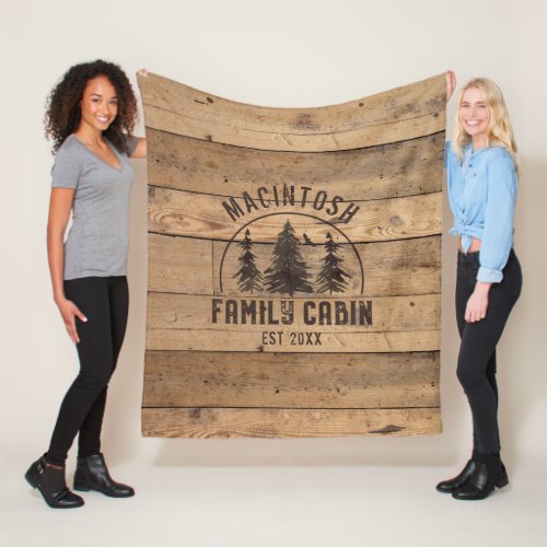 Family Cabin Name Rustic Wood Personalized Fleece Blanket