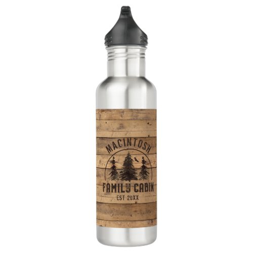 Family Cabin Name Rustic Wood Personalized Stainless Steel Water Bottle