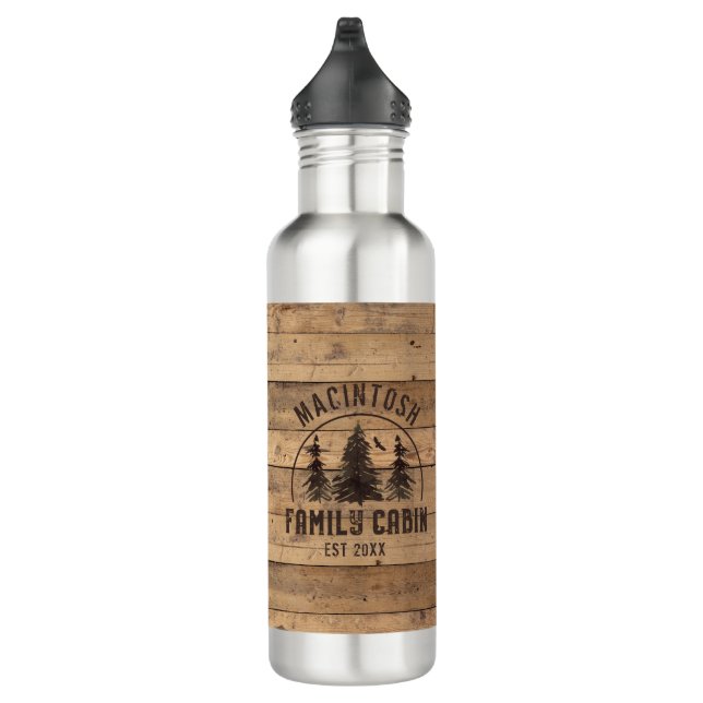 Family Cabin Name Rustic Wood Personalized Stainless Steel Water Bottle (Right)