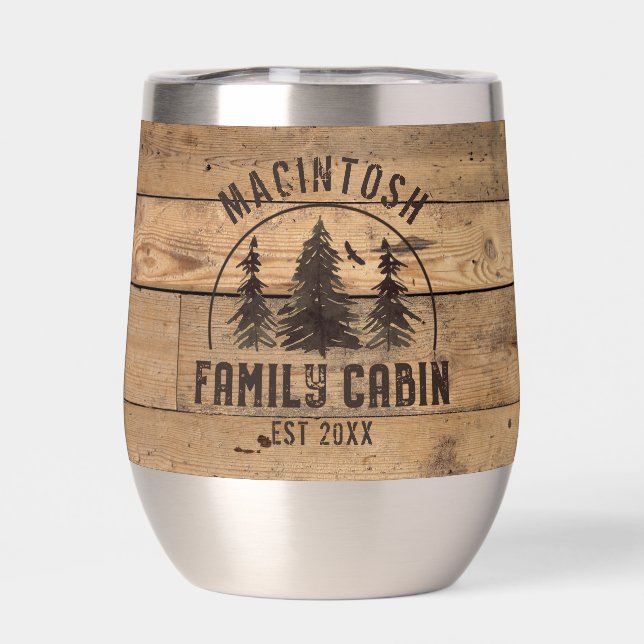 Family Cabin Name Rustic Wood Personalized Thermal Wine Tumbler (Back)