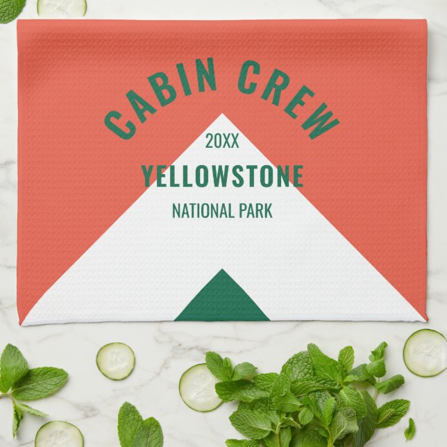Family Cabin Personalized Name Red Green Retro Kitchen Towel (Folded)