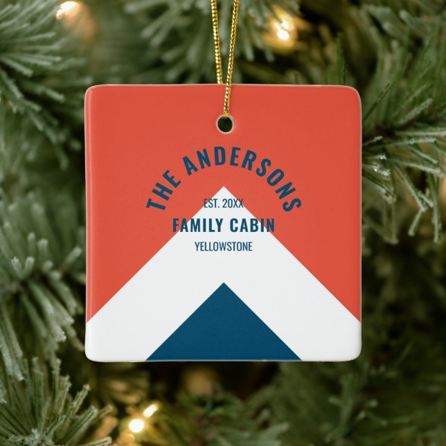 Family Cabin Personalized Name Red Navy Retro Ceramic Ornament (Tree)