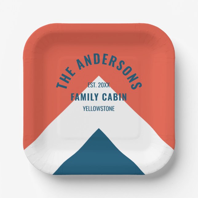 Family Cabin Personalized Name Red Navy Retro Paper Plates (Front)