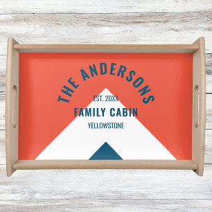 Family Cabin Personalized Name Red Navy Retro Serving Tray