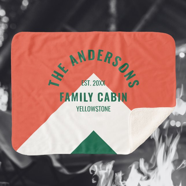 Family Cabin Personalized Name Red Navy Retro Sherpa Blanket (Creator Uploaded)