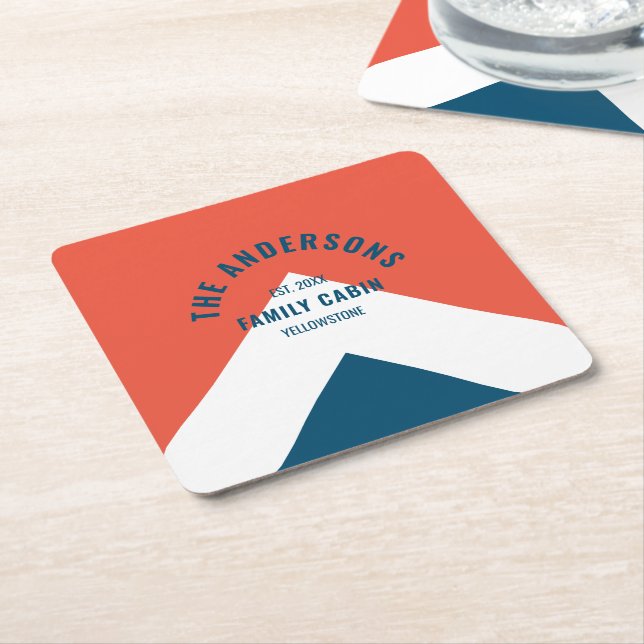 Family Cabin Personalized Name Red Navy Retro Square Paper Coaster (Angled)