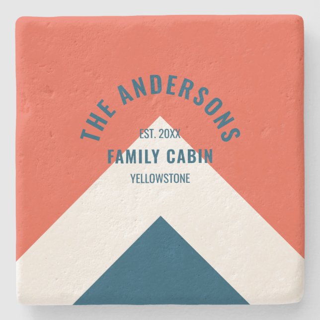 Family Cabin Personalized Name Red Navy Retro Stone Coaster (Front)