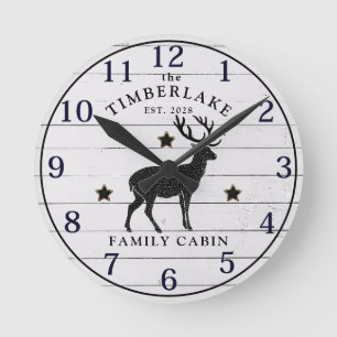 Family Cabin Rustic Deer Wood Personalized Round Clock