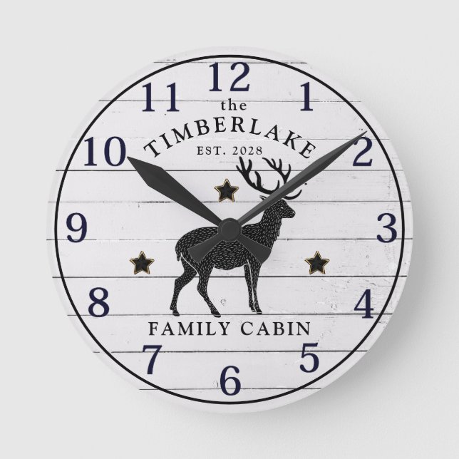 Family Cabin Rustic Deer Wood Personalized  Round Clock (Front)