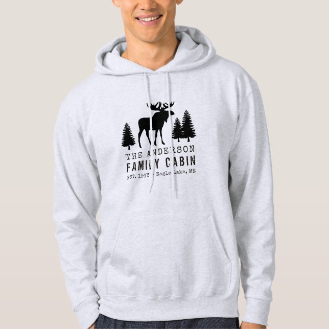 Family Cabin Rustic Moose Pine Tree Silhouette Hoodie (Front)