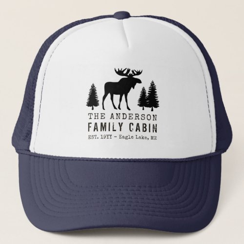 Family Cabin Rustic Moose Pine Tree Silhouette Trucker Hat