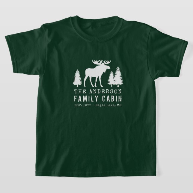 Family Cabin Rustic Moose Pine Trees Silhouette T-Shirt (Laydown)