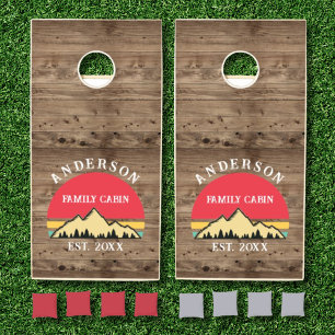 Family Cabin Rustic Retro Trees Family Name  Cornhole Set