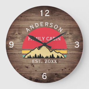 Family Cabin Rustic Retro Trees Family Name Large Clock