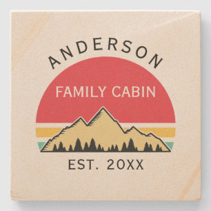 Family Cabin Rustic Retro Trees Family Name Stone Coaster