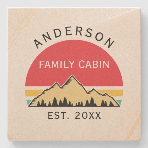 Family Cabin Rustic Retro Trees Family Name  Stone Coaster