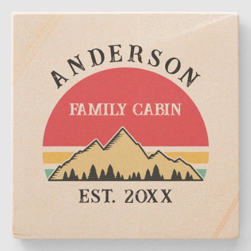 Family Cabin Rustic Retro Trees Family Name  Stone Coaster