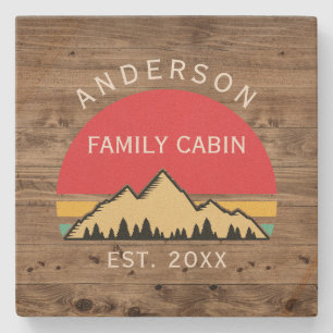 Family Cabin Rustic Retro Trees Family Name Stone Coaster