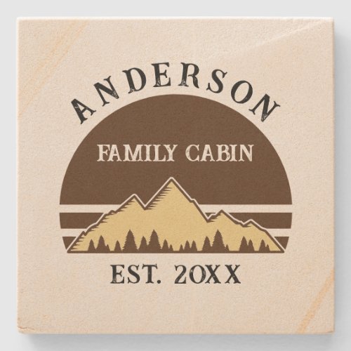 Family Cabin Rustic Retro Trees Family Name  Stone Coaster