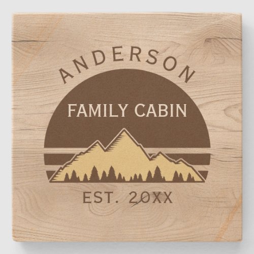 Family Cabin Rustic Retro Trees Family Name  Stone Coaster