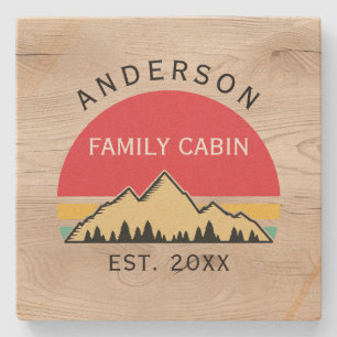 Family Cabin Rustic Retro Trees Family Name Stone Coaster