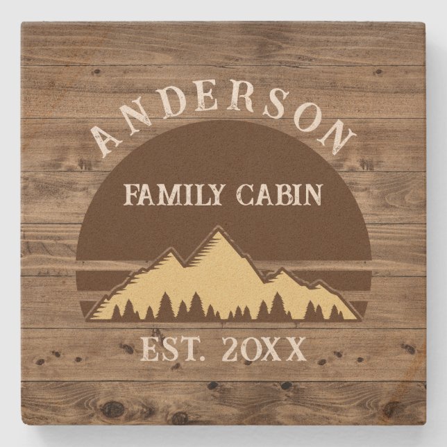 Family Cabin Rustic Retro Trees Family Name  Stone Coaster (Front)