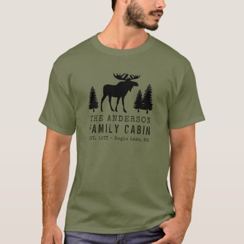 Family Cabin Rustic Silhouette Moose Pine Trees T_Shirt