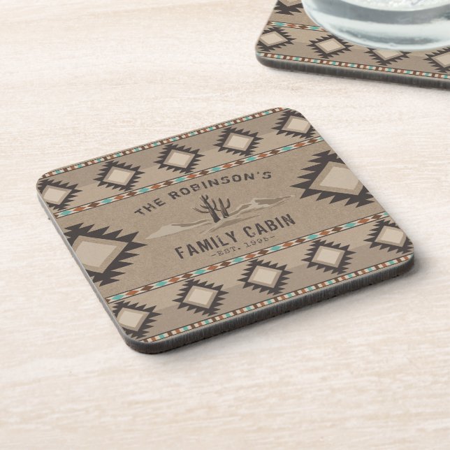 Family Cabin Rustic Southwest Native Tribal Cactus Beverage Coaster (Left Side)