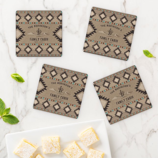 Family Cabin Rustic Southwest Native Tribal Cactus Coaster Set (In Situ)