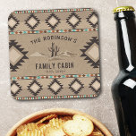 Family Cabin Rustic Southwest Native Tribal Cactus Square Paper Coaster<br><div class="desc">Beautiful, rustic southwest themed square paper coasters with your personalized family name and cabin, cottage or other desired text and it's established date. This custom design features rustic typography with southwestern style artwork of native american tribal patterns around a cactus and mountain vista silhouette, all on a faux kraft print....</div>