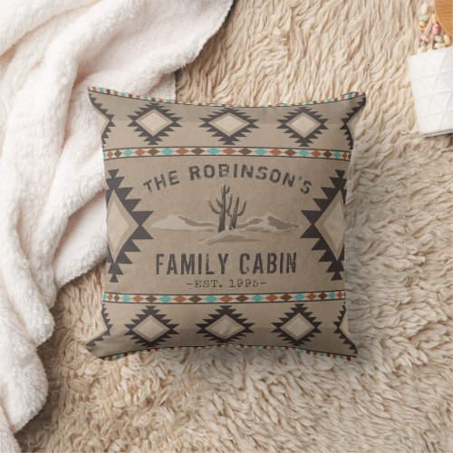 Family Cabin Rustic Southwest Native Tribal Cactus Throw Pillow
