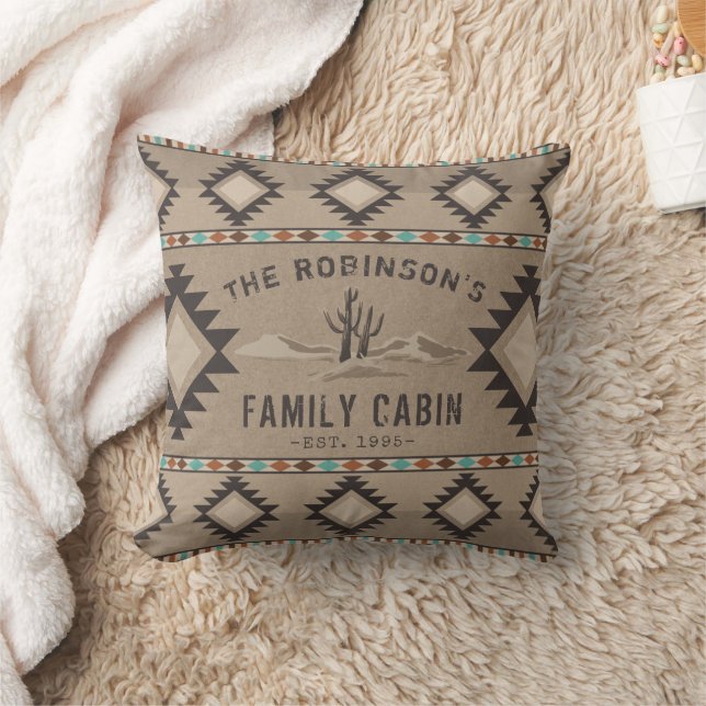 Family Cabin Rustic Southwest Native Tribal Cactus Throw Pillow (Blanket)