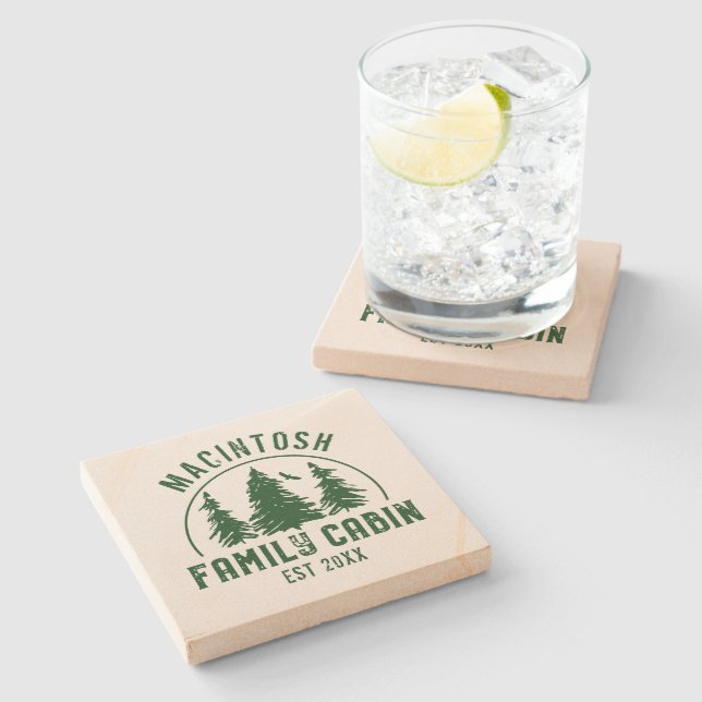 Family Cabin Rustic Trees Family Name Green Stone Coaster (Side)