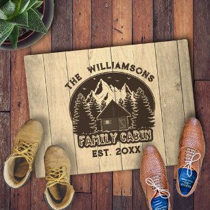 Family Cabin Rustic Wood Brown Mountain and Forest Doormat
