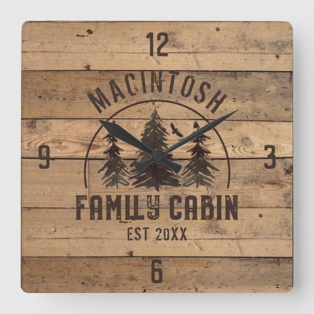 Family Cabin Rustic Wood Forest Trees Personalized Square Wall Clock (Front)