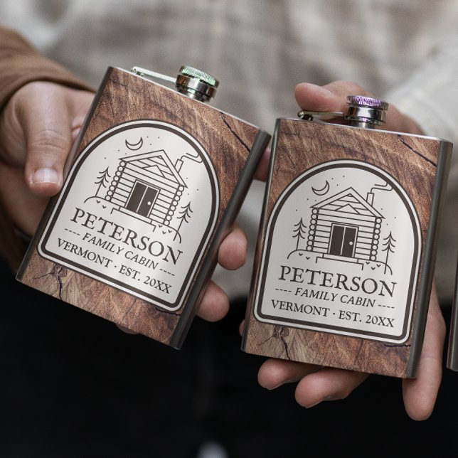 Family Cabin Rustic Wood Personalized Decor Flask (Family Cabin Personalized Custom Flask Gift for Dad Rustic Wood )