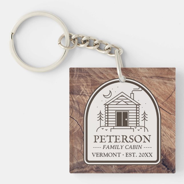 Family Cabin Rustic Wood Personalized Decor Keychain (Front)