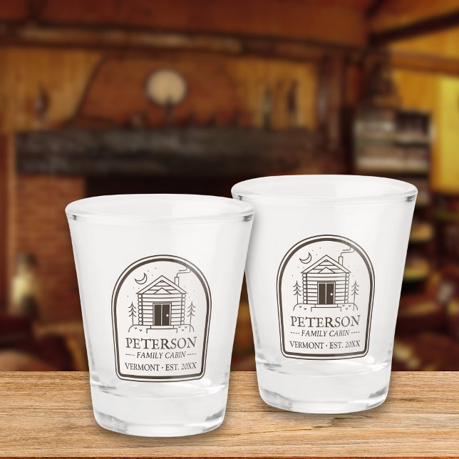 Family Cabin Rustic Wood Personalized Decor Shot Glass (Personalized Family Cabin Date Established Rustic Decor Custom Shot Glass)