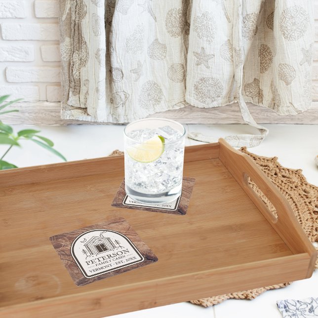Family Cabin Rustic Wood Personalized Decor Square Paper Coaster (Personalized Custom Family Name Cabin in the Woods Rustic Vintage Retro)