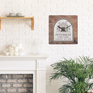 Family Cabin Rustic Wood Personalized Decor Square Wall Clock