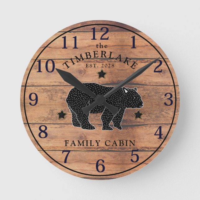 Family Cabin Rustic Wood Personalized Wall Clock (Front)