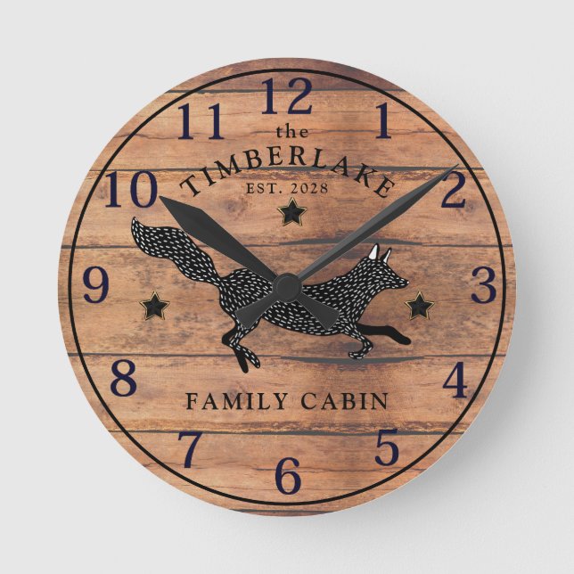 Family Cabin Rustic Wood Personalized Wall Clock (Front)